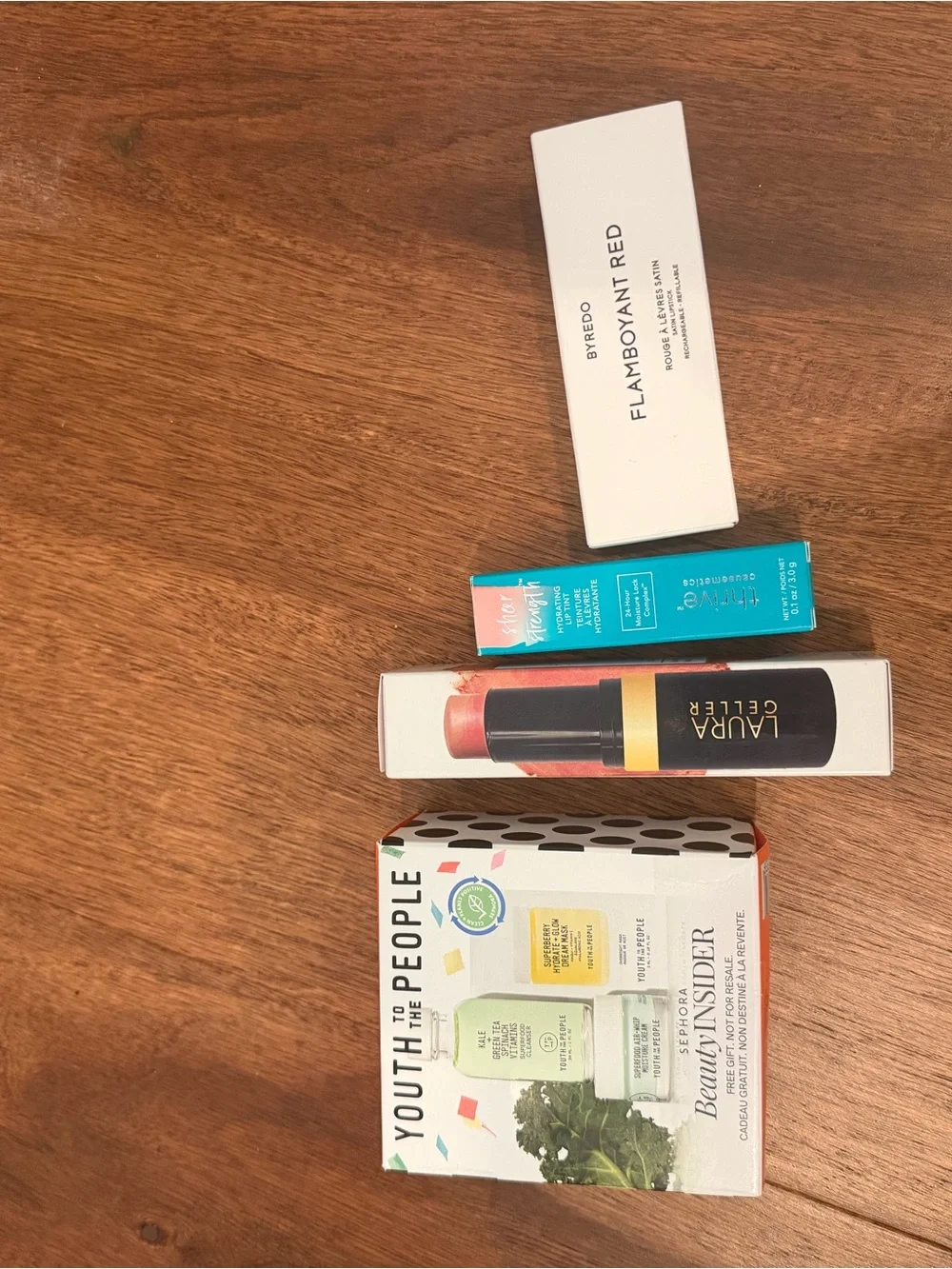 Youth to the people set, Laura Geller blush, lippy, thrive lippy, Byeredo red li